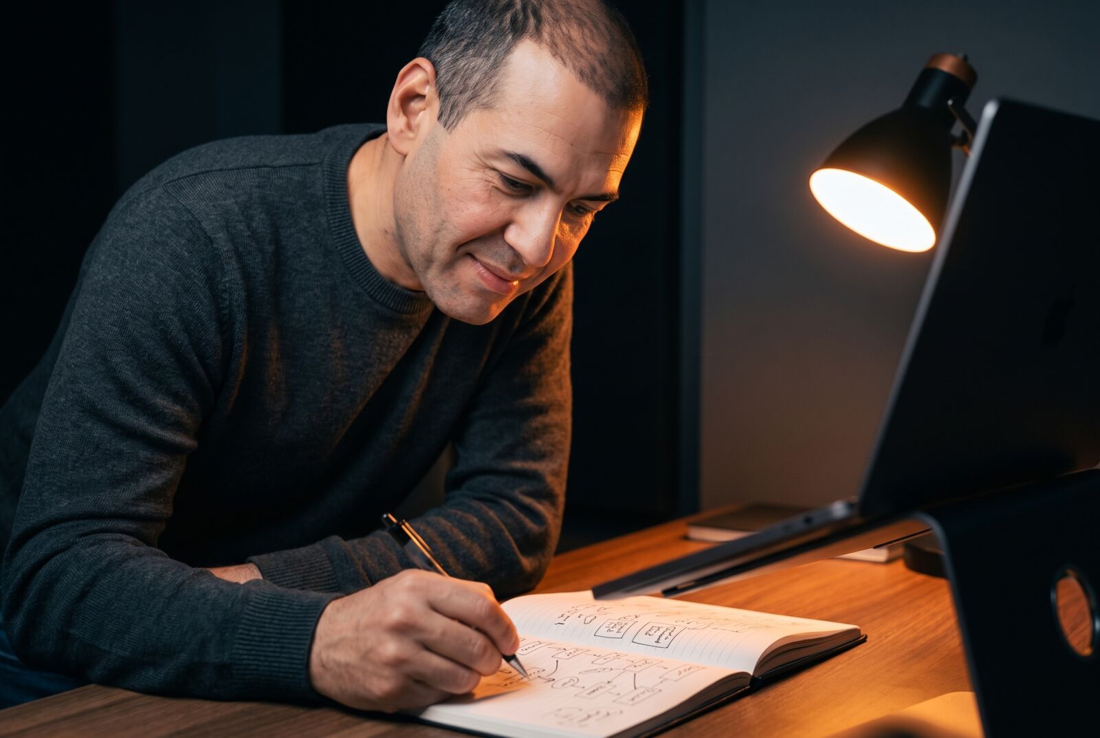 Thiago at his desk, sketching a workflow in a notebook